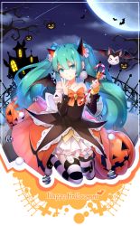 Rule 34 | &gt; &lt;, 1girl, :3, bare shoulders, bat (animal), bat wings, candy, candy cane, closed eyes, collarbone, detached sleeves, ello, fang, fang out, food, green eyes, green hair, halloween, happy halloween, hatsune miku, highres, holding, horns, jack-o&#039;-lantern, long hair, looking at viewer, matching hair/eyes, pantyhose, smile, solo, striped clothes, striped pantyhose, twintails, vocaloid, wings, x3
