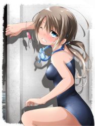 Rule 34 | 1girl, ahoge, akino coto, arm up, ass, back, bare arms, bare legs, bare shoulders, blue-framed eyewear, blue eyes, blue one-piece swimsuit, blush, border, bracelet, breasts, brown hair, clenched teeth, competition swimsuit, covered erect nipples, eyebrows, from side, goggles, goggles around neck, gradient hair, grey hair, hair between eyes, hair ornament, hair tie, hairband, hairclip, head tilt, highres, impossible clothes, impossible swimsuit, jewelry, key, long hair, looking at viewer, looking back, low twintails, md5 mismatch, multicolored hair, one-piece swimsuit, one eye closed, original, parted bangs, parted lips, resolution mismatch, school swimsuit, shadow, sidelocks, small breasts, solo, squatting, swimsuit, teeth, thighs, twintails, white border, wince, wink, wristband