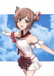 Rule 34 | 1girl, blush, brown eyes, brown hair, cloud, collarbone, cowboy shot, double bun, hair between eyes, hair bun, highres, kantai collection, looking at viewer, minosu, open mouth, outstretched arms, shirt, short hair, skirt, solo, spread arms, tan yang (kancolle), white shirt, white skirt, yukikaze (kancolle)