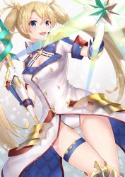 Rule 34 | 1girl, :d, armor, armored boots, blonde hair, blue eyes, boots, bradamante (fate), bradamante (second ascension) (fate), breasts, cleavage, cleavage cutout, clothing cutout, fate/grand order, fate (series), faulds, floating hair, gloves, hair between eyes, highres, holding, holding weapon, leotard, long hair, medium breasts, open mouth, reuri (tjux4555), smile, solo, thigh strap, twintails, very long hair, waist cape, weapon, white gloves, white leotard