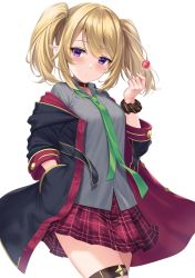 Rule 34 | 1girl, absurdres, black choker, black jacket, blonde hair, candy, chloe (princess connect!), choker, collared shirt, cowboy shot, food, gold trim, grey shirt, hand in pocket, hand up, highres, holding, jacket, lollipop, long hair, long sleeves, looking at viewer, miniskirt, necktie, off shoulder, open clothes, open jacket, plaid, plaid skirt, pleated skirt, pointy ears, princess connect!, purple eyes, rama (yu-light8), red skirt, scrunchie, shirt, sidelocks, simple background, skirt, solo, thigh strap, twintails, white background, wrist scrunchie