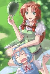 Rule 34 | 2girls, blue hair, bow, braid, china dress, chinese clothes, cirno, dress, female focus, foro (planet cage), green eyes, hat, hong meiling, lap pillow, long hair, multiple girls, o kawa, red hair, ribbon, saliva, sleeping, embodiment of scarlet devil, touhou, twin braids