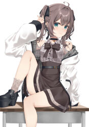 Rule 34 | ahoge, aqua eyes, arm support, arm up, belt, black belt, black bow, black bowtie, black choker, black footwear, black ribbon, bow, bowtie, breasts, brown hair, brown skirt, choker, closed mouth, clothing cutout, collared shirt, desk, earrings, erubusubori, flower earrings, grey shirt, hair between eyes, hair ribbon, heart, heart choker, high-waist skirt, highres, hololive, jacket, jewelry, knee up, lace, lace-trimmed skirt, lace legwear, lace sleeves, lace trim, medium hair, miniskirt, natsuiro matsuri, natsuiro matsuri (casual), official alternate costume, on desk, pendant choker, plaid, plaid jacket, plaid shirt, platform footwear, ribbon, see-through, see-through sleeves, shirt, shoes, shoulder cutout, simple background, sitting, on desk, skirt, small breasts, socks, twintails, virtual youtuber, white background, white jacket