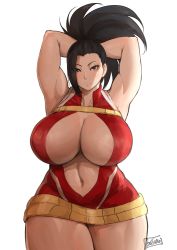 Rule 34 | 10s, 1girl, areola slip, armpits, arms behind head, arms up, batako (batakoart), black hair, blush, boku no hero academia, breasts, center opening, chest strap, cleavage, curvy, highres, huge breasts, leotard, long hair, looking at viewer, navel, ponytail, revealing clothes, solo, standing, stomach, thick thighs, thighs, underboob, wide hips, yaoyorozu momo
