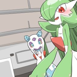 Rule 34 | 2girls, back bow, blue eyes, blush, bob cut, bow, colored sclera, colored skin, creatures (company), crystal, curtains, dutch angle, female focus, flat chest, froslass, game freak, gardevoir, gen 3 pokemon, gen 4 pokemon, green hair, green skin, hair over one eye, happy, indoors, kazamidoririnn, looking at viewer, looking down, meme, metal gear (series), metal gear solid v: the phantom pain, multicolored skin, multiple girls, nine years in a coma (meme), nintendo, one eye covered, open mouth, pokemon, pokemon (creature), purple skin, red bow, red eyes, short hair, smile, standing, straight-on, two-tone skin, white skin, yellow sclera