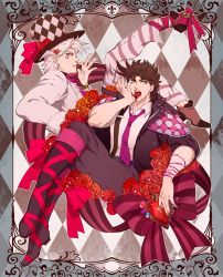 Rule 34 | 2boys, alternate hair color, ankle ribbon, arm out of sleeve, arm tattoo, blouse, boots, bow, brown hair, caesar anthonio zeppeli, checkered clothes, checkered headwear, chocolate, coat, collared shirt, facial mark, flower, hat, hermit purple, highres, jacket, jojo no kimyou na bouken, joseph joestar, joseph joestar (young), leg ribbon, licking, licking hand, multiple boys, padded coat, pants, plantar flexion, red flower, red rose, red stone of aja, ribbon, rose, shirt, stand (jojo), striped clothes, striped pants, sujiko (125motimoti), tattoo, teeth, top hat, upper teeth only, valentine, white hair, white shirt
