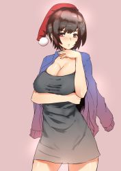 Rule 34 | 1girl, absurdres, aliasing, arm across waist, bare shoulders, black dress, blush, breast hold, breasts, brown hair, cleavage, cowboy shot, dress, happy, hat, highres, jacket, jacket on shoulders, large breasts, looking at viewer, looking to the side, miniskirt, norman maggot, nose blush, office lady, olive laurentia, original, pixie cut, red eyes, santa hat, shirt, shirt tucked in, short dress, short hair, skirt, sleeveless, sleeveless dress, sleeveless shirt, solo, standing, sweat, swept bangs