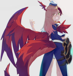 Rule 34 | 1girl, dragon girl, dragon horns, dragon tail, dragon wings, green eyes, hat, head wings, highres, horns, kaya (princess connect!), kaya (time travel) (princess connect!), long hair, looking at viewer, open mouth, princess connect!, shimon (31426784), simple background, smile, solo, tail, white background, wings