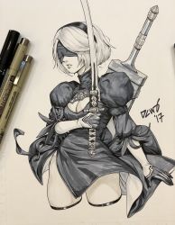 Rule 34 | 1girl, 2b (nier:automata), black blindfold, black dress, black hairband, blindfold, breasts, cleavage, cleavage cutout, clothing cutout, commentary, covered eyes, dcwj, dress, english commentary, feather-trimmed sleeves, gloves, hairband, highres, holding, holding sword, holding weapon, inktober, juliet sleeves, katana, large breasts, long sleeves, marker (medium), mole, mole under mouth, nier:automata, nier (series), puffy sleeves, signature, silver hair, solo, standing, sword, sword behind back, thighhighs, traditional media, vambraces, weapon