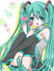 Rule 34 | 1girl, :d, aqua eyes, bad id, bad pixiv id, candy, detached sleeves, food, green hair, hatsune miku, holding, koyoi (ruka), lollipop, long hair, looking at viewer, necktie, open mouth, panties, pantyshot, pleated skirt, sitting, skirt, smile, solo, striped clothes, striped panties, twintails, underwear, upskirt, very long hair, vocaloid