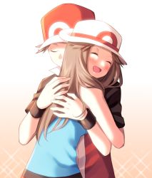 Rule 34 | 1boy, 1girl, :d, blue shirt, blush, brown hair, closed eyes, closed mouth, commentary request, creatures (company), game freak, hair flaps, hat, hug, leaf (pokemon), long hair, nintendo, open mouth, pokemon, pokemon frlg, red (pokemon), red headwear, scbstella, shirt, short hair, short sleeves, sleeveless, sleeveless shirt, smile, tearing up, tongue, upper body, white headwear, wristband