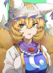 Rule 34 | 1girl, animal ears, artist name, blonde hair, breasts, dated, dress, fox ears, fox tail, green eyes, hair between eyes, hat, highres, large breasts, mob cap, multiple tails, onionmay, open mouth, short hair, signature, solo, tabard, tail, touhou, upper body, white dress, white hat, yakumo ran