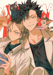 Rule 34 | 2boys, :&lt;, animal, animal on head, animal on shoulder, artist name, black cat, black hair, black shirt, blonde hair, brown eyes, cat, cat on head, cat on shoulder, claw pose, closed mouth, collarbone, collared shirt, forehead, haikyuu!!, hair between eyes, hair ornament, hairclip, hand up, jacket, kadeart, kitten, kozume kenma, kuroo tetsurou, looking at viewer, male focus, multicolored hair, multiple boys, on head, open clothes, open jacket, parted lips, playing games, shirt, short hair, simple background, slit pupils, spiked hair, streaked hair, symbol-only commentary, two-tone hair, upper body, v-shaped eyebrows, yellow eyes