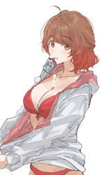 1girl ahoge bikini bikini_under_clothes breasts brown_hair cleavage collarbone front-tie_bikini_top front-tie_top gakuen_idolmaster hanami_ume highres idolmaster jacket jacket_over_swimsuit kimi_to_semi_blue_(idolmaster) large_breasts looking_at_viewer medium_hair natsumegu_(yvku8527) orange_hair red_bikini simple_background solo sweat swimsuit two-sided_fabric two-sided_jacket white_background white_jacket