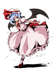 Rule 34 | 1girl, bad id, bad pixiv id, bat wings, blue hair, covering own mouth, fa no hito, female focus, full body, hand over own mouth, hat, red eyes, remilia scarlet, ribbon, short hair, simple background, solo, standing, standing on one leg, touhou, wings, wrist cuffs