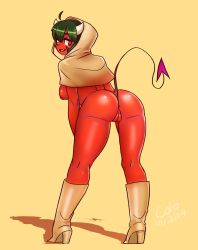 Rule 34 | 10s, 1girl, 2014, ahoge, anus, artist name, ass, bad id, bad tumblr id, bent over, boots, bottomless, breasts, capelet, cleft of venus, colo (nagrolaz), colored skin, dated, demon girl, demon tail, fang, from behind, green hair, helvetica (succubus game), high heel boots, high heels, highres, hood, horns, large breasts, looking back, nipples, orange eyes, pussy, red eyes, red skin, short hair, sideboob, slit pupils, solo, standing, succubus game, tail, uncensored