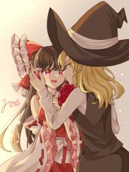 Rule 34 | 2girls, blonde hair, bouquet, bow, braid, brown hair, commentary request, detached sleeves, eye contact, flower, frilled bow, frilled hair tubes, frills, hair bow, hair tubes, hakurei reimu, hat, highres, holding, holding bouquet, kirisame marisa, long hair, long sleeves, looking at another, mito (fate), multiple girls, open mouth, red bow, red eyes, red flower, red rose, ribbon-trimmed sleeves, ribbon trim, rose, side braid, signature, single braid, skirt, smile, touhou, witch hat, yellow eyes, yuri