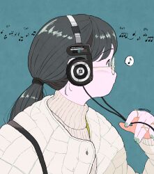 Rule 34 | 1girl, artist name, beamed eighth notes, black eyes, black hair, blue background, blue nails, cable, closed mouth, commentary, dotted quarter note, fingernails, from side, glasses, green jacket, grey-framed eyewear, hair tie, headphones, highres, jacket, jewelry, listening to music, long hair, looking ahead, multiple rings, musical note, nail polish, onoconokoko0625, open clothes, open jacket, original, padded jacket, pale skin, paper texture, quarter note, retro artstyle, ribbed sweater, ring, round eyewear, sharp sign, solo, spoken musical note, strap, sweater, turtleneck, turtleneck sweater, two-sided fabric, two-sided jacket, upper body, white jacket, white sweater