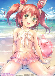 Rule 34 | 10s, 1girl, animal ears, arm support, ball, bare shoulders, beach, beachball, blush, breasts, rabbit ears, casual one-piece swimsuit, cloud, cloudy sky, collarbone, day, ek masato, gluteal fold, green eyes, hair ornament, highres, kurosawa ruby, long hair, looking at viewer, love live!, love live! sunshine!!, one-piece swimsuit, open mouth, outdoors, red hair, sitting, skirt, sky, small breasts, solo, sparkle, spread legs, swimsuit, swimsuit skirt, thighs, twintails, two side up, water