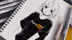 Rule 34 | 1girl, black shirt, blush, clothes writing, commentary request, hair between eyes, hanecha1220, highres, looking at viewer, marker, marker (medium), open mouth, original, partially colored, photo (medium), pornhub, shirt, short hair, short sleeves, smile, solo, traditional media, upper body, wide sleeves