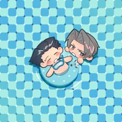 2boys ace_attorney black_hair blue_background blush_stickers bright_pupils checkered_background chibi closed_eyes commentary_request grey_eyes grey_hair highres male_focus miles_edgeworth multiple_boys navel open_mouth optical_illusion phoenix_wright primrose_field_illusion ripples sakura_hsy short_hair sideways_glance swim_ring