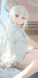 Rule 34 | 1girl, absurdres, blue archive, blush, book, breasts, closed mouth, frilled sleeves, frills, grey hair, halo, highres, indoors, kji (rozo), long hair, long sleeves, looking at viewer, mechanical halo, medium breasts, noa (blue archive), pajamas, puffy long sleeves, puffy sleeves, purple eyes, sitting, smile, socks, solo, white pajamas, white socks