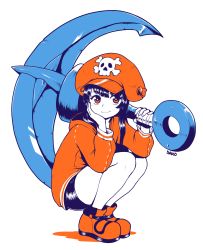 Rule 34 | 1girl, absurdres, anchor, artist name, bike shorts, black shorts, cabbie hat, dako (dakosito), full body, guilty gear, guilty gear strive, hat, highres, jacket, long hair, may (guilty gear), orange footwear, orange hat, orange jacket, pirate hat, shorts, skull and crossbones, smile, solo, squatting, white background
