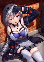 Rule 34 | 1girl, :d, arm support, bare shoulders, belt, blue bra, blue eyes, bra, braid, breasts, choker, cross, cross earrings, dress, earrings, gem, gloves, hair between eyes, hair ornament, hand up, highres, honkai (series), honkai impact 3rd, jacket, jewelry, kallen kaslana, kallen kaslana (sin hunter), large breasts, long hair, looking at viewer, necklace, off shoulder, open clothes, open jacket, open mouth, pouch, red gemstone, sidelocks, signature, silver hair, single braid, sitting, skindentation, smile, solo, thigh strap, thighhighs, thighs, underwear, white thighhighs, wrist straps, xfate
