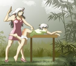 Rule 34 | 2girls, artist request, ass, bamboo, bent over, dress, closed eyes, fairy tail, februaryleaf, high heels, lisanna strauss, long hair, mirajane strauss, multiple girls, panties, panty pull, short hair, siblings, silver hair, sisters, spanked, spanking, table, underwear