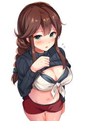 Rule 34 | 1girl, bikini, bikini under clothes, black bikini, black sweater, blush, braid, breasts, brown hair, cleavage, clothes pull, flying sweatdrops, green eyes, hair ribbon, highres, kantai collection, large breasts, long hair, long sleeves, navel, noshiro (kancolle), open mouth, red skirt, ribbed sweater, ribbon, senbei (senbe i), shirt, shirt under sweater, shorts, sidelocks, simple background, skirt, solo, sweater, sweater pull, swimsuit, tied shirt, twin braids, white background, white shirt