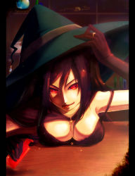 Rule 34 | 1girl, :p, black hair, breasts, cape, cleavage, elbow gloves, gloves, hat, jewelry, large breasts, long hair, original, red eyes, ring, solo, starcrown, strap slip, tongue, tongue out, witch hat