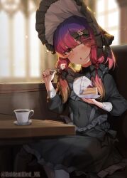 Rule 34 | 1girl, alternate costume, black dress, black hat, cake, cake slice, coffee, cup, dress, food, fork, hat, highres, holding, holding fork, kantai collection, long hair, long sleeves, mole, mole under eye, open mouth, purple hair, sitting, solo, tsushima (kancolle), twitter username, unidentified nk, yellow eyes