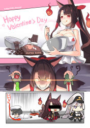 Rule 34 | 1boy, 2girls, :d, akagi (azur lane), alternate costume, alternate hairstyle, apron, azur lane, bar censor, black thighhighs, blood, blood stain, bottle, breasts, brown hair, candy, censored, chain, chibi, chocolate, chocolate bar, choker, cleavage, comic, commander (azur lane), cuffs, dying message, enterprise (azur lane), food, fox, fox tail, grey hair, hair ribbon, hair tubes, handcuffs, happy valentine, hat, highres, hitodama, hm (hmongt), holding, identity censor, japanese clothes, long hair, lying, military, military uniform, multiple girls, multiple tails, naval uniform, necktie, on stomach, open mouth, peaked cap, pleated skirt, ponytail, potion, purple eyes, red eyes, ribbon, shaker, silent comic, skirt, smile, smirk, tail, thighhighs, translation request, twitter username, uniform, valentine, white hair, wide sleeves, zettai ryouiki