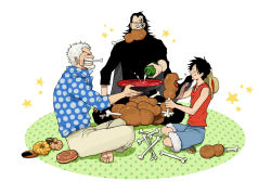 Rule 34 | 3boys, alcohol, black hair, eating, family, father and son, food, grandfather and grandson, hat, highres, male focus, monkey d. dragon, monkey d. garp, monkey d. luffy, multiple boys, one piece, short hair, straw hat, tattoo, white background, white hair
