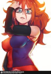 Rule 34 | 1girl, android 21, aurahack, black-framed eyewear, breasts, detached sleeves, dragon ball, dragon ball fighterz, earrings, glasses, hoop earrings, impossible clothes, jewelry, long hair, looking at viewer, medium breasts, smile, solo, upper body