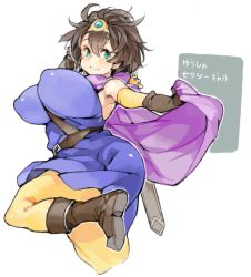 Rule 34 | 1girl, aqua eyes, blue dress, boots, breasts, brown footwear, brown gloves, brown hair, cape, cape lift, closed mouth, covered erect nipples, dragon quest, dragon quest iii, dress, gloves, hair between eyes, impossible clothes, large breasts, leg up, lifted by self, looking at viewer, outline, pantyhose, purple cape, roto (dq3), sachito, short hair, smile, solo, very short hair, white outline, yellow pantyhose