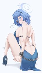 Rule 34 | 1girl, absurdres, ako (blue archive), ako (dress) (blue archive), ass, backless dress, backless outfit, bare arms, bare back, bare shoulders, blue archive, blue dress, blue eyes, blue footwear, blue hair, blush, breasts, butt crack, chain, cuffs, dress, feint721, halo, head tilt, high heels, highres, knee up, large breasts, looking at viewer, official alternate costume, revision, shackles, shadow, sideboob, sleeveless, sleeveless dress, solo, thighs