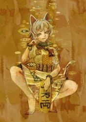 Rule 34 | 1girl, animal ears, barefoot, bell, calico, cat ears, cat tail, coin, full body, gesture, gold, goutokuji mike, gustav klimt (style), koban (gold), looking at viewer, maneki-neko, multicolored clothes, multicolored shirt, multicolored skirt, multicolored tail, nazo (mystery), patch, paw pose, skirt, solo, squatting, tail, touhou