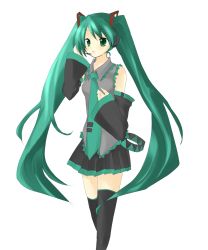 Rule 34 | bad id, bad pixiv id, detached sleeves, green eyes, green hair, hatsune miku, headset, highres, long hair, mizuse kotone, necktie, skirt, solo, thighhighs, twintails, vocaloid