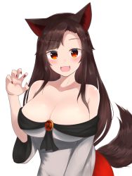 Rule 34 | 1girl, animal ears, bad id, bad pixiv id, bare shoulders, breasts, brooch, brown hair, cleavage, dress, fang, fingernails, imaizumi kagerou, jewelry, large breasts, long fingernails, long hair, looking at viewer, nail polish, open mouth, red eyes, red nails, sharp fingernails, simple background, smile, solo, tail, tojo aoi, touhou, upper body, white background, wolf ears, wolf tail