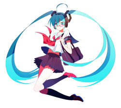 Rule 34 | 1girl, antenna hair, bad id, bad pixiv id, bag, black socks, blue eyes, blue hair, full body, glasses, happy, hatsune miku, headphones, highres, ing (artist), long hair, looking at viewer, navel, neckerchief, red-framed eyewear, red footwear, red neckerchief, sailor collar, school bag, school uniform, serafuku, shaded face, shirt, shoes, simple background, skirt, smile, sneakers, socks, solo, solo focus, thighs, twintails, very long hair, vocaloid, white background, white shirt