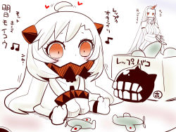 Rule 34 | 10s, 2girls, abyssal ship, ahoge, ahoge wag, aircraft, airplane, anklet, barefoot, beamed quavers, chibi, claws, colored skin, comic, covered mouth, detached sleeves, dress, expressive hair, heart, horns, jewelry, kantai collection, long hair, lots of jewelry, mittens, monster, multiple girls, musical note, northern ocean princess, quaver, red eyes, sako (bosscoffee), seaport princess, single horn, sitting, toybox, white dress, white hair, white skin