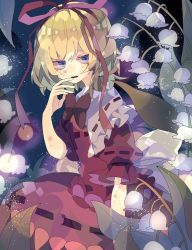 Rule 34 | 1girl, blonde hair, blue eyes, bow, bowtie, bruise, collared dress, commentary, dress, flower, frilled shirt collar, frills, hair ribbon, highres, injury, lily of the valley, looking at viewer, medicine melancholy, nikorashi-ka, puffy short sleeves, puffy sleeves, red bow, red dress, red ribbon, ribbon, ribbon-trimmed dress, short hair, short sleeves, sideways glance, solo, touhou