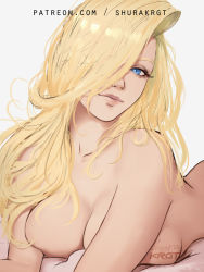 Rule 34 | 1girl, bare shoulders, blonde hair, blue eyes, breasts, cleavage, commentary, english commentary, eyebrows hidden by hair, fullmetal alchemist, hair over one eye, large breasts, lips, long hair, looking at viewer, lying, nude, olivier mira armstrong, on stomach, shurakrgt, sideboob, signature, topless