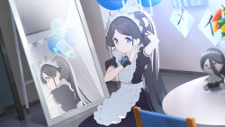 Rule 34 | 1girl, apron, aris (blue archive), aris (maid) (blue archive), black hair, blue archive, blue eyes, blue necktie, blush, borrowed clothes, closed mouth, collarbone, game cg, high ponytail, highres, long hair, looking at viewer, maid, maid apron, maid headdress, mirror, necktie, official art, short sleeves, third-party source, white apron