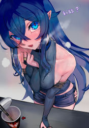 Rule 34 | 1girl, arrow (symbol), bare shoulders, beata (walzrj), blue eyes, blue hair, blue shorts, breasts, bridal gauntlets, chopsticks, commentary request, condensation, crossed bangs, cup ramen, elbow gloves, english text, gloves, hair between eyes, hand on table, heart, heart in eye, highres, long hair, medium breasts, open mouth, original, partial commentary, pointy ears, shirt, short shorts, shorts, sidelocks, sleeveless, sleeveless shirt, solo, symbol in eye, table, walzrj