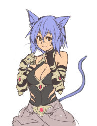 Rule 34 | 1girl, animal ear fluff, animal ears, breasts, cat ears, cat girl, cat tail, cleavage cutout, clothing cutout, gold trim, houtengeki, short hair, side cutout, simple background, smile, solo, tail, whiskers, white background