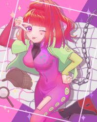 Rule 34 | 1girl, chain, facial tattoo, gnosia, heart, heart tattoo, highres, long hair, long sleeves, looking at viewer, magnifying glass, multicolored nails, nail polish, one eye closed, pink eyes, red hair, solo, sq (gnosia), star (symbol), tattoo, tongue, tongue out, user xxgr2247, v