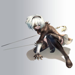 Rule 34 | 1girl, black blindfold, black footwear, black gloves, black hairband, black thighhighs, blindfold, boots, breasts, cleavage, cleavage cutout, clothing cutout, gloves, hairband, highres, holding, holding sword, holding weapon, katana, mole, mole under mouth, nier (series), nier:automata, parted lips, puffy sleeves, short hair, solo, sword, tarantulaines, thigh boots, thighhighs, weapon, white hair, 2b (nier:automata)