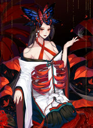 Rule 34 | 1girl, absurdres, black hair, breasts, bug, butterfly, butterfly hair ornament, cleavage, eyeshadow, flower, from above, from side, hair ornament, halterneck, higanbana (onmyoji), highres, insect, large breasts, lipstick, long hair, looking at viewer, makeup, nail polish, onmyoji, outstretched hand, red eyes, red lips, red nails, red theme, rhode, seiza, sitting, smile, solo, spider lily, very long hair, wide sleeves
